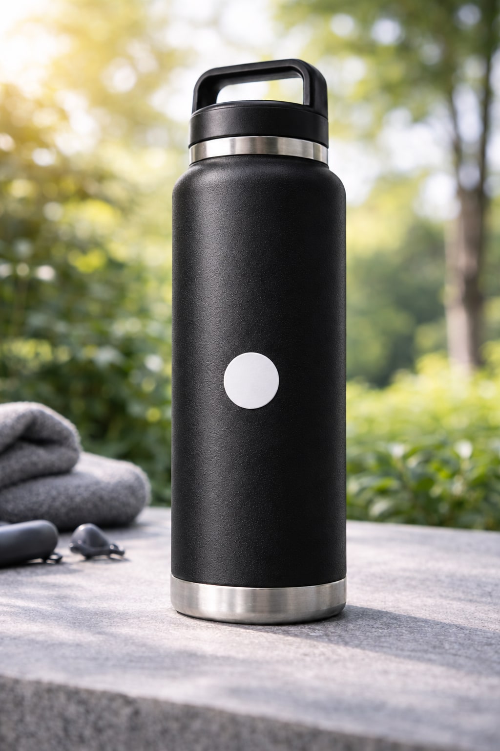 Illustration: included NFC sticker on a black insulated steel bottle. Bottle not included.