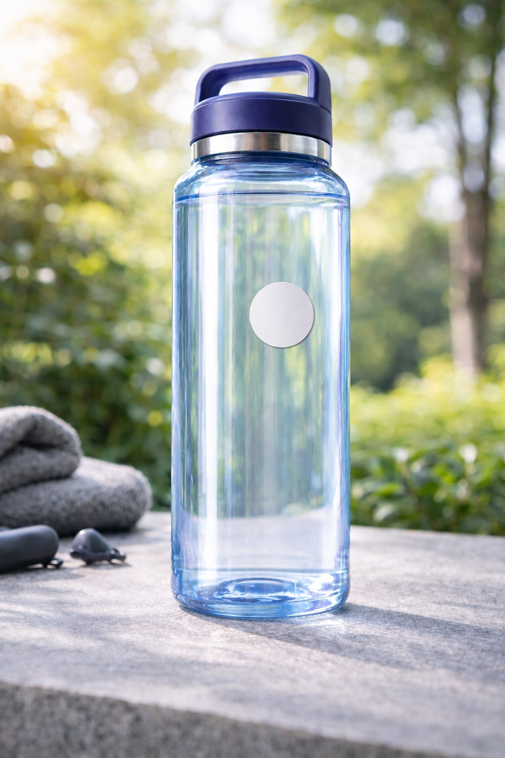 Illustration: included NFC sticker on a clear plastic bottle. Bottle not included.