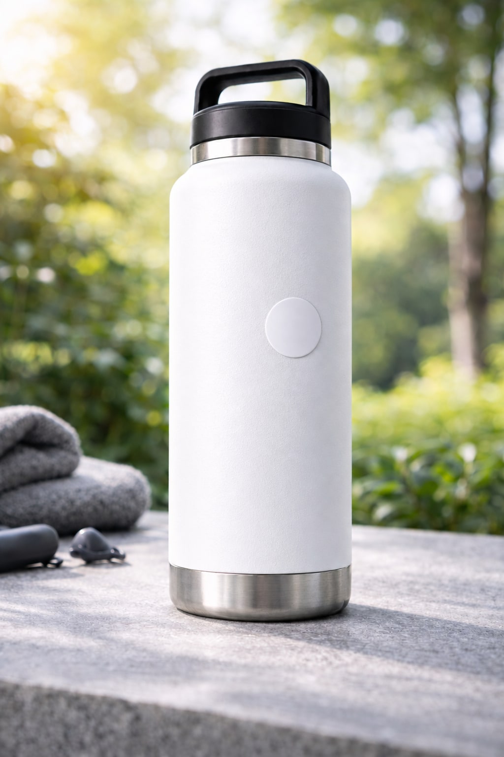 Illustration: included NFC sticker on a white insulated steel bottle. Bottle not included.